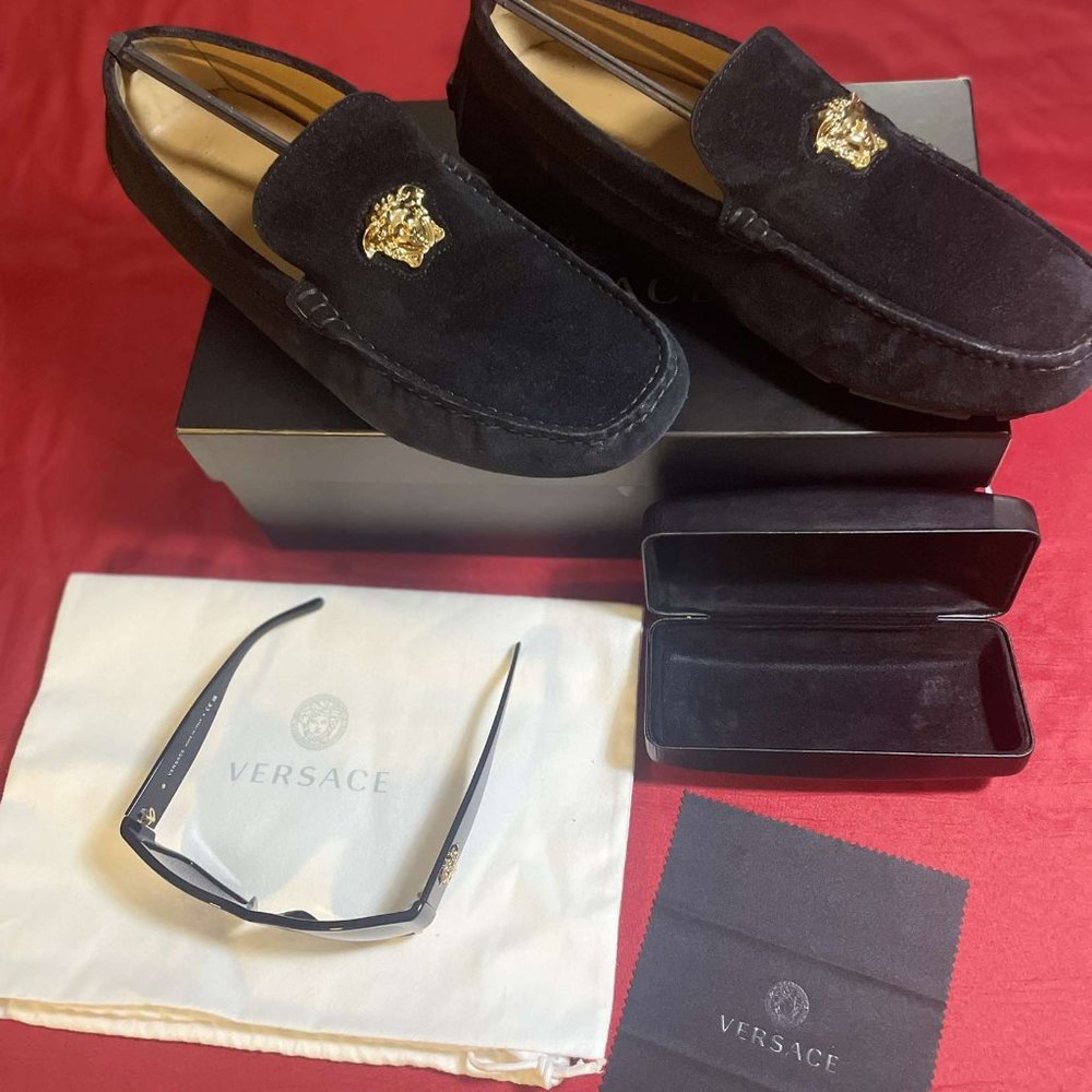 Versace suede driver loafers and Versace sunglasses